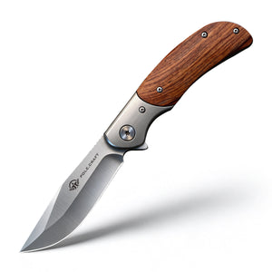 POLE.CRAFT Hunting Folding Knife for Men, Wood Handle Pocket Knife, 3.5 Inch 7Cr13MoV Clip Point Blade 59-60 HRC, Liner Lock with Pocket Clip, EDC Knife for Camping Hiking Survival, Gifts for Men Dad