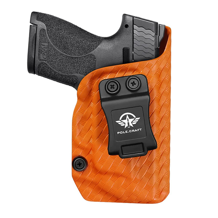 M&P Shield 9mm Holster, Carbon Fiber Kydex Holster Custom Fit: Smith & Wesson M&P Shield 9mm/.40 S&W - With Integrated Laser - Inside Waistband Concealed Carry - Cover Mag-Button, Widened Entrance, No Wear, No Jitter (Orange, Right)