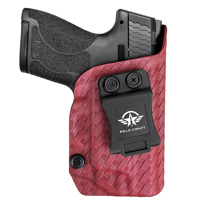 M&P Shield 9mm Holster, Carbon Fiber Kydex Holster Custom Fit: Smith & Wesson M&P Shield 9mm/.40 S&W - With Integrated Laser - Inside Waistband Concealed Carry - Cover Mag-Button, Widened Entrance, No Wear, No Jitter (Red, Right)