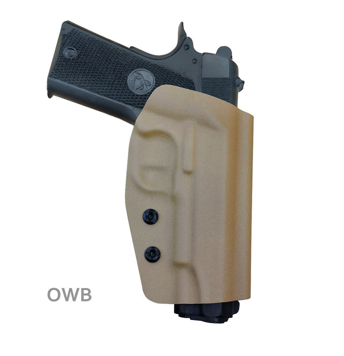 Kydex OWB Holster Fits: Colt Commander 1911 .45 / 9mm / 4.25" / 4.5" / PT1911 Gun Holster Outside Waistband Carry Pistol Case 1.5-2 Inch Belt Clip With Lock - Adj. Width Height Cant - Entrance Widen - Tan