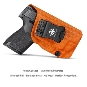 M&P Shield 9mm Holster, Carbon Fiber Kydex Holster Custom Fit: Smith & Wesson M&P Shield 9mm/.40 S&W - With Integrated Laser - Inside Waistband Concealed Carry - Cover Mag-Button, Widened Entrance, No Wear, No Jitter (Orange, Right)