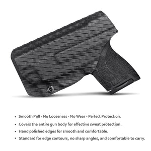 M&P Shield 9mm Holster, Carbon Fiber Kydex Holster Custom Fit: Smith & Wesson M&P Shield 9mm/.40 S&W - With Integrated Laser - Inside Waistband Concealed Carry - Cover Mag-Button, Widened Entrance, No Wear, No Jitter (Black)