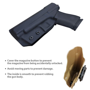 IWB Kydex Holster Custom Fits: Glock 48 Pistol - Inside Waistband Concealed Carry - Cover Mag-Button - Widened Entrance - No Wear, No Jitter