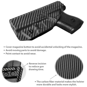 Glock 43 Holster, Glock 43x Holster IWB Kydex Carbon Fiber Custom Fit: Glock 43 / Glock 43X (Gen 1-5) Pistol - Inside Waistband Concealed Carry - Cover Mag-Button, Widened Entrance, No Wear, No Jitter