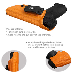 M&P 9mm Holster, M&P 2.0 Holster, Carbon Fiber Kydex Holster IWB Custom Fit: Smith & Wesson M&P 9mm M2.0 4"/4.25" Pistol - Inside Waistband Concealed Carry - Cover Mag-Button - Widened Entrance - No Wear, No Jitter (Orange, Right)