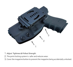 Kydex OWB Holster Fit Glock 19 19x / Glock 23 25 32 / Glock 17 22 31 Glock 26 27 30s (Gen 1-5) CZ P10 Pistol Case Waistband Outside Carry 1.5-2 Inch Belt Clip - Adj. Width Height Cant - Entrance Widen - Black - PoLe.Craft Holster & Knives