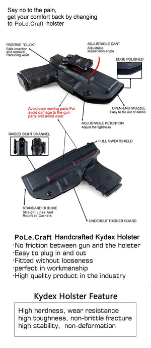 Kydex IWB Holster Custom Fits: Glock 42 Concealed Carry - Inside Waistband Carry Concealed Holster Glock 42 Pistol Case Guns Accessories - Point Touching - No Wear - No Jitter - Black - PoLe.Craft Holster & Knives