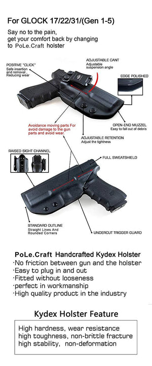 KYDEX IWB Holster Glock 17 Glock 22 Glock 31 Gun Holster IWB Inside Waistband Carry Concealed Holster Glock 17 Pistol Case Accessories - Black - PoLe.Craft Holster & Knives