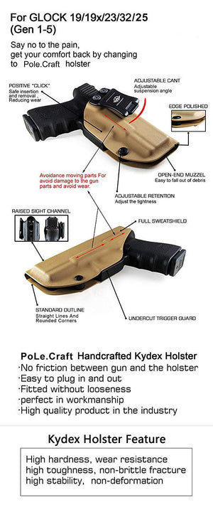 KYDEX IWB Holster Glock 19 19X 23 25 32 Cz P10 Gun Holsters Waistband Carry Concealed Holster Glock 19 Pistol Case Guns Accessories - Tan - PoLe.Craft Holster & Knives