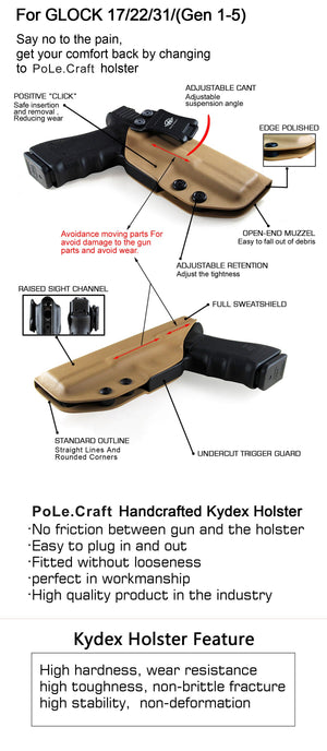 KYDEX IWB Holster Glock 17 Glock 22 Glock 31 Gun Holster IWB Inside Waistband Carry Concealed Holster Glock 17 Pistol Case Accessories - Tan - PoLe.Craft Holster & Knives