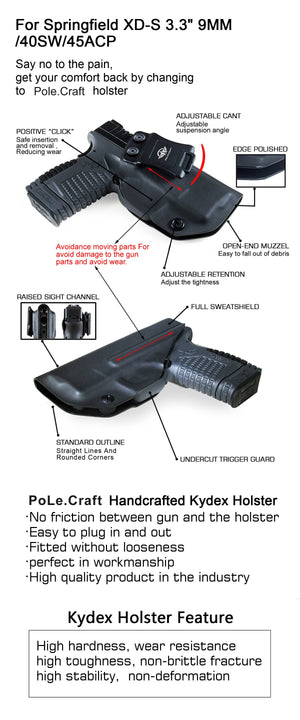 IWB Tactical KYDEX Gun Holster Custom Fits: Springfield XD-S 3.3" 9mm .40 S&W .45ACP Single Stack Pistol Case Inside Waistband Carry Concealed Holster Guns Pouch Bag - Black - PoLe.Craft Holster & Knives
